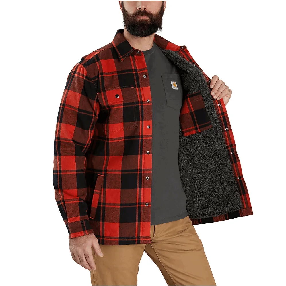 105939 - Relaxed fit flannel sherpa-lined shirt jacket - Red Ochre/Black