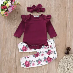 3-piece Solid Ruffle Bodysuit with Headband & Pants for Baby Girl Children's clothing wholesale