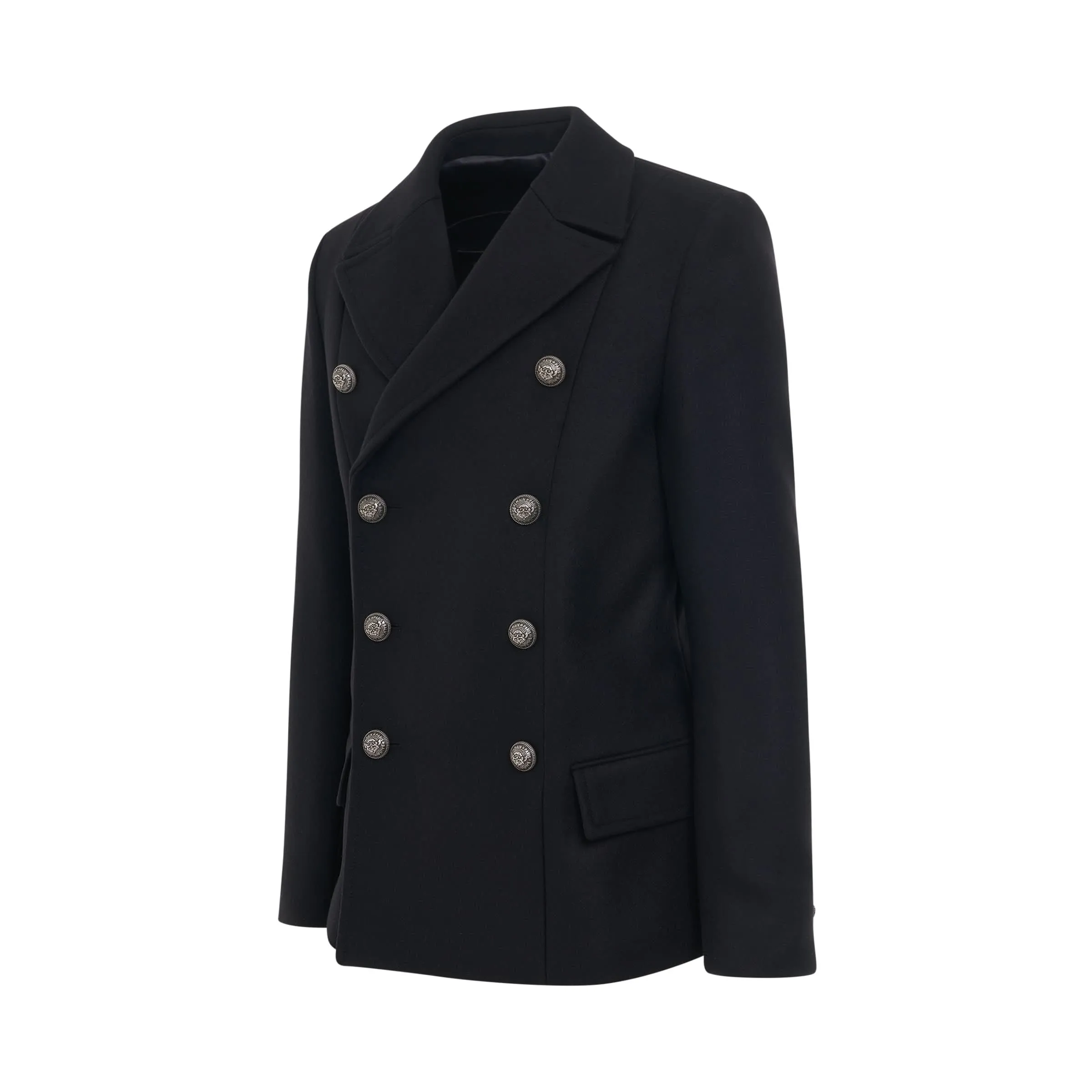 8 Button Wool Pea Coat in Black