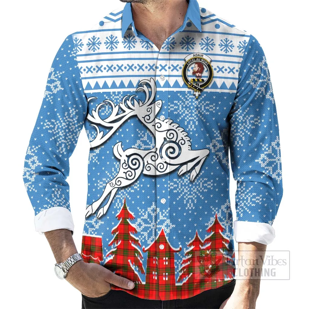 Adair Clan Christmas Long Sleeve Button Shirt Celtic Reindeer Style