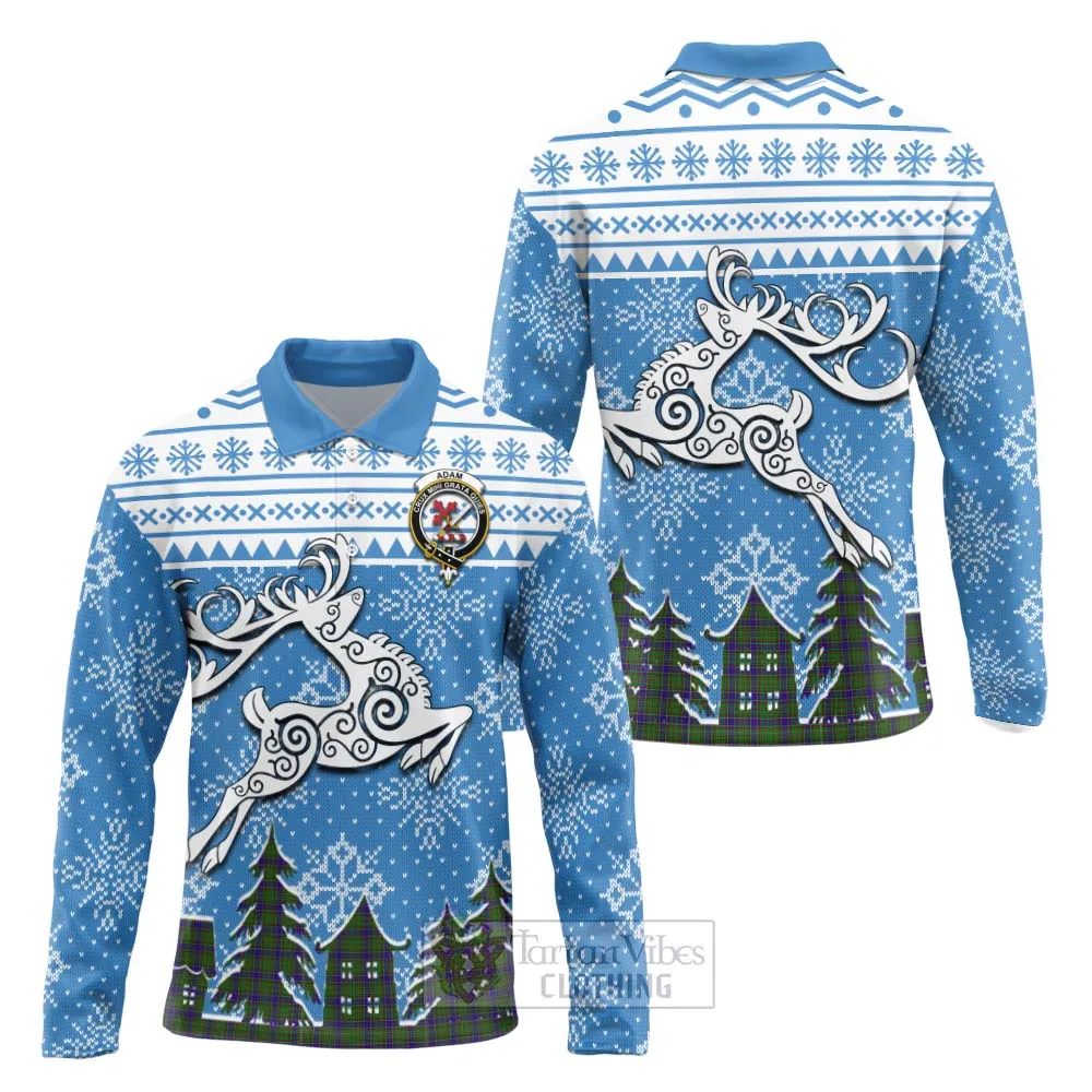 Adam Clan Christmas Long Sleeve Polo Shirt Celtic Reindeer Style