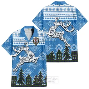 Adam Clan Christmas Short Sleeve Button Shirt Celtic Reindeer Style