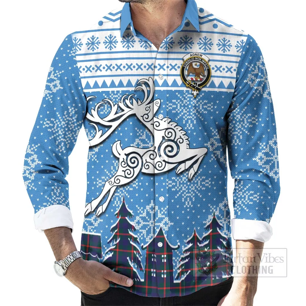 Agnew Clan Christmas Long Sleeve Button Shirt Celtic Reindeer Style