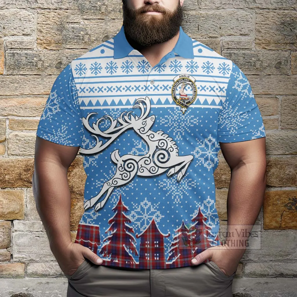 Ainslie Clan Christmas Polo Shirt Celtic Reindeer Style