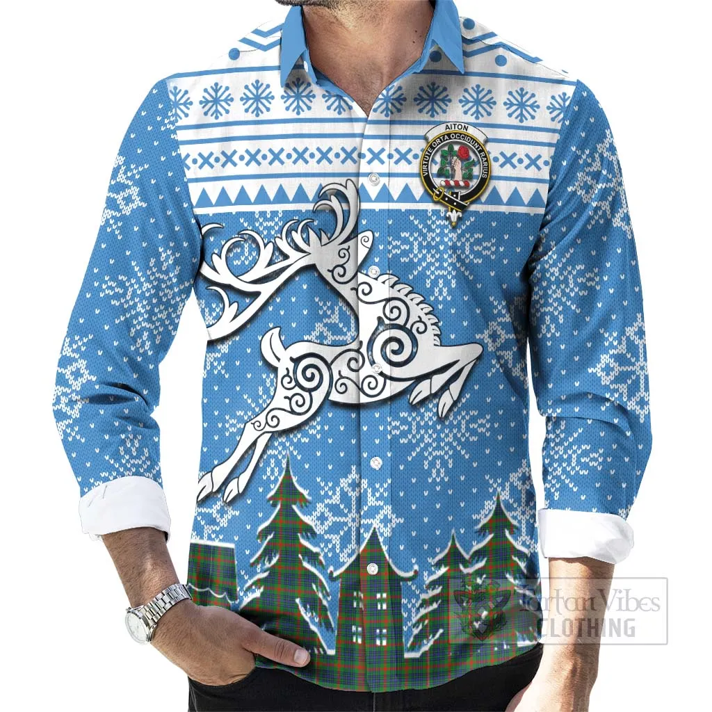 Aiton Clan Christmas Long Sleeve Button Shirt Celtic Reindeer Style