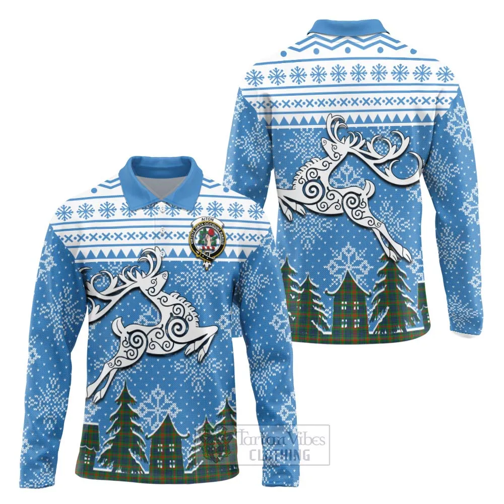 Aiton Clan Christmas Long Sleeve Polo Shirt Celtic Reindeer Style