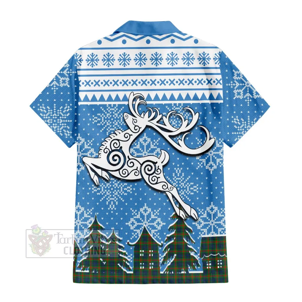 Aiton Clan Christmas Short Sleeve Button Shirt Celtic Reindeer Style