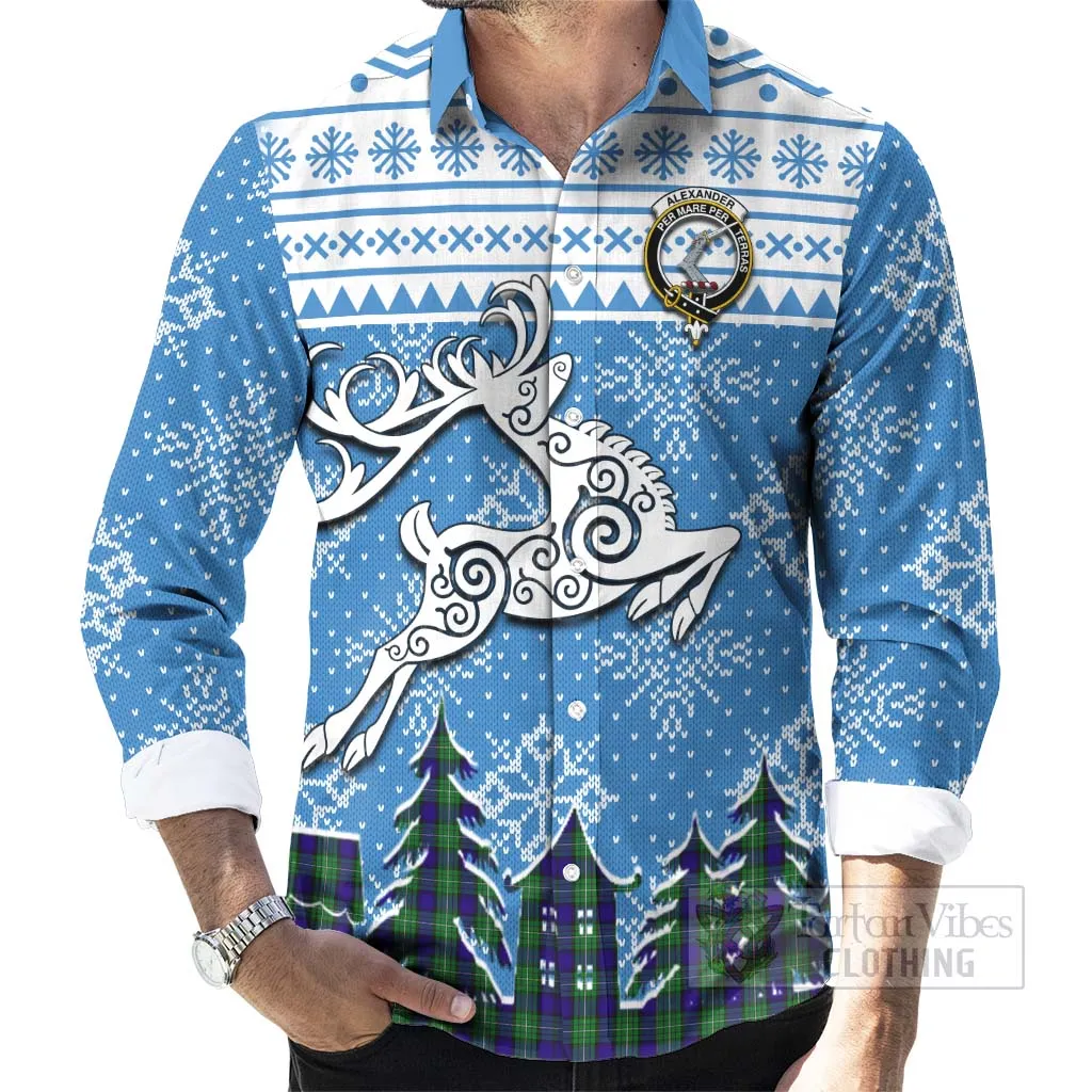 Alexander Clan Christmas Long Sleeve Button Shirt Celtic Reindeer Style