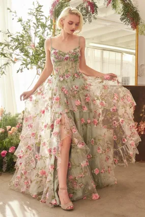 Andrea & Leo Couture A1420 Ruffle A Line sheer corset Prom Dress Layer Print Floral Gown