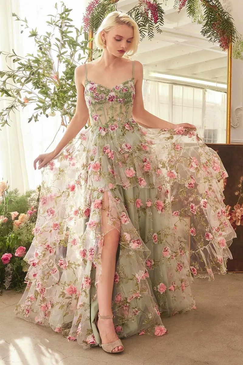 Andrea & Leo Couture A1420 Size 2 Sage Ruffle A Line sheer corset Prom Dress Layer Print Floral Gown