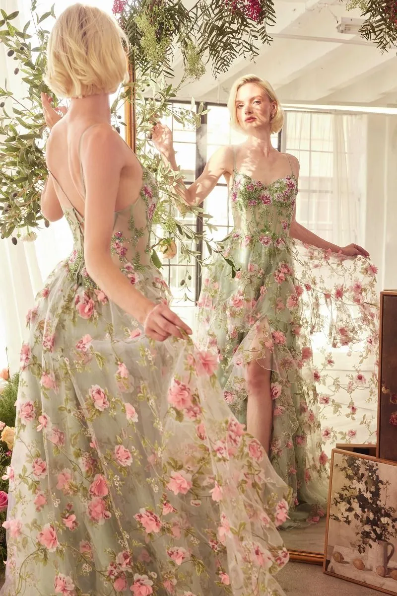 Andrea & Leo Couture A1420 Size 2 Sage Ruffle A Line sheer corset Prom Dress Layer Print Floral Gown