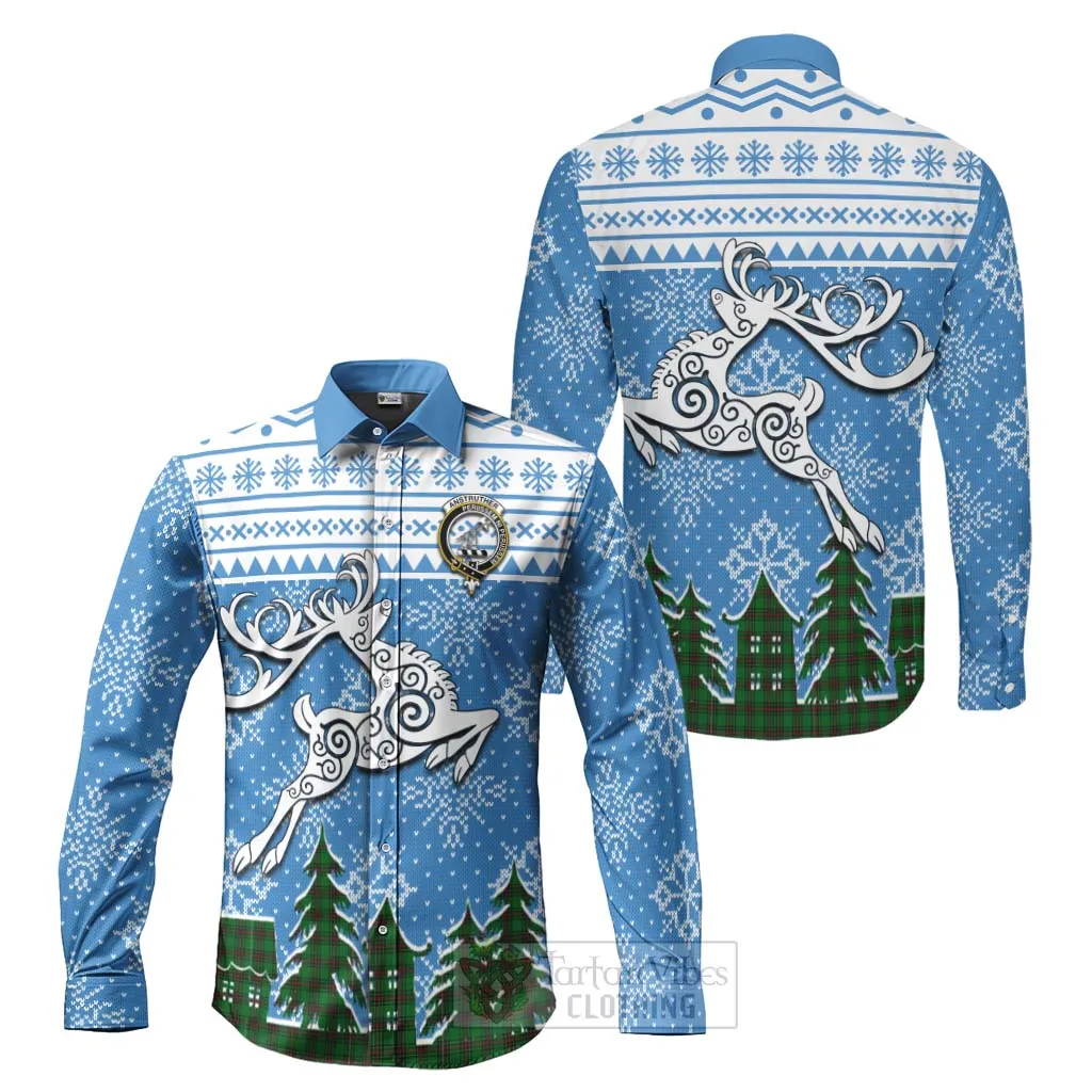 Anstruther Clan Christmas Long Sleeve Button Shirt Celtic Reindeer Style