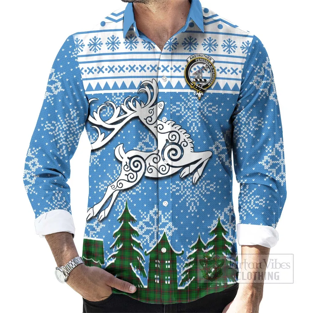 Anstruther Clan Christmas Long Sleeve Button Shirt Celtic Reindeer Style