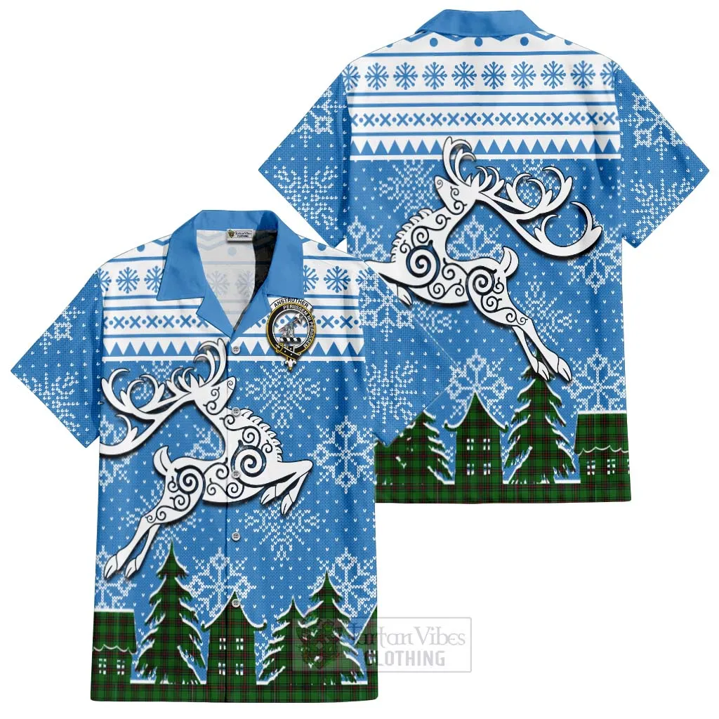 Anstruther Clan Christmas Short Sleeve Button Shirt Celtic Reindeer Style