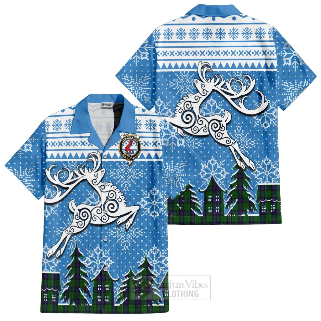 Armstrong Clan Christmas Short Sleeve Button Shirt Celtic Reindeer Style