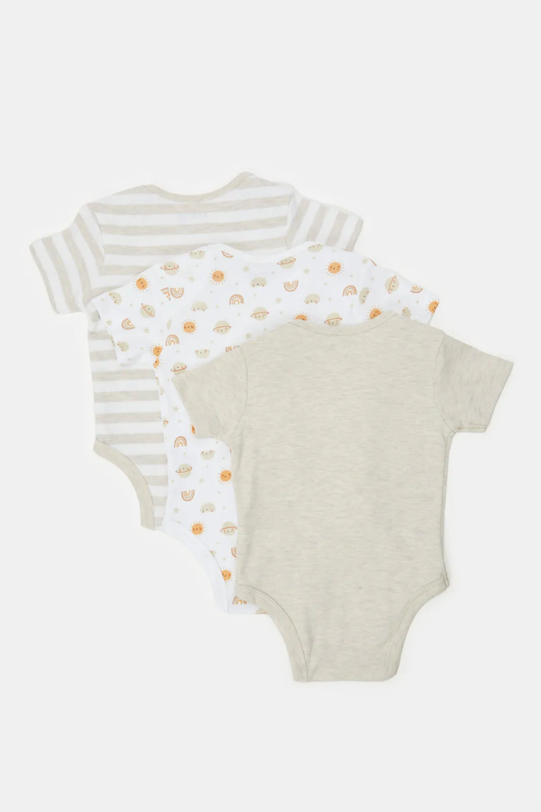 Baby Beige And White Printed Bodysuit Set (Pack Of 3)