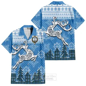 Bain Clan Christmas Short Sleeve Button Shirt Celtic Reindeer Style