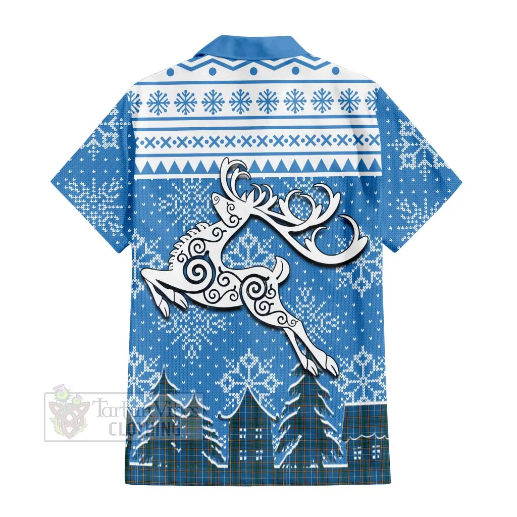 Bain Clan Christmas Short Sleeve Button Shirt Celtic Reindeer Style