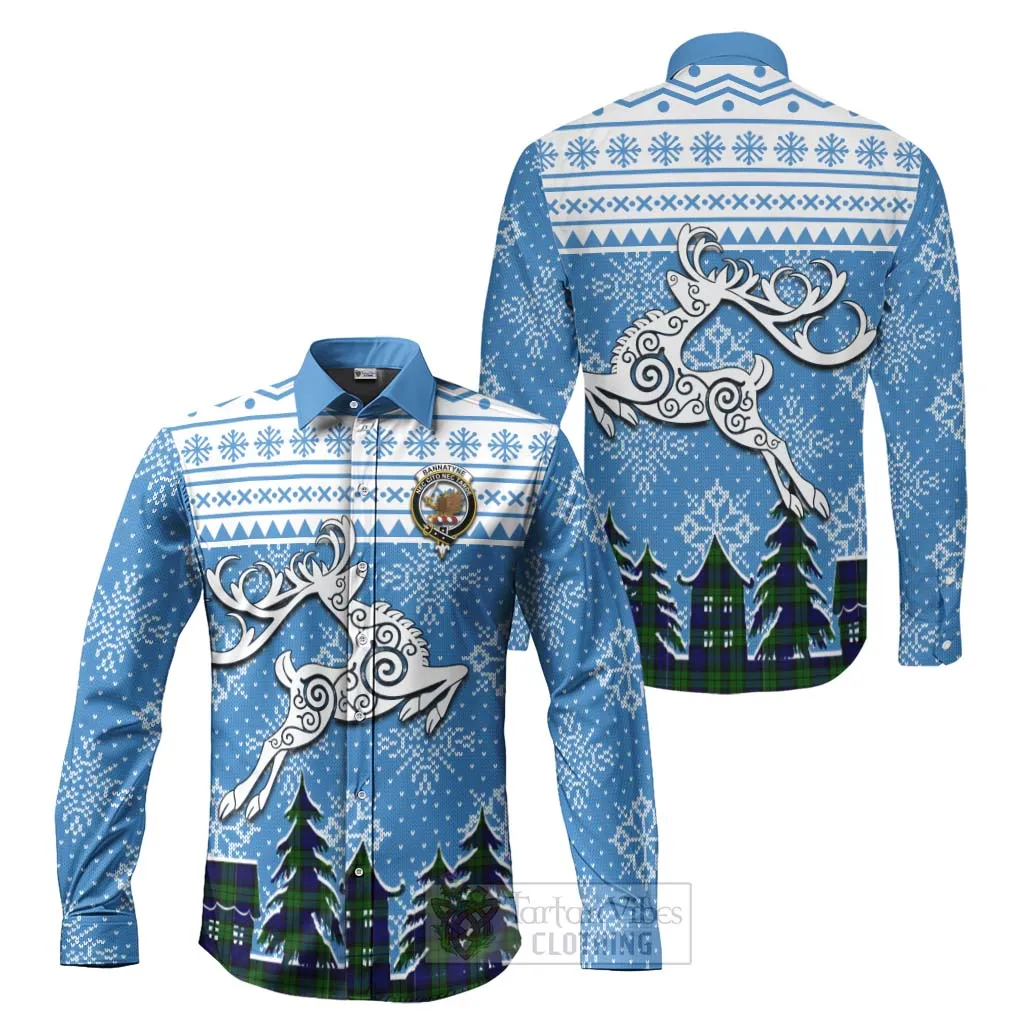 Bannatyne Clan Christmas Long Sleeve Button Shirt Celtic Reindeer Style