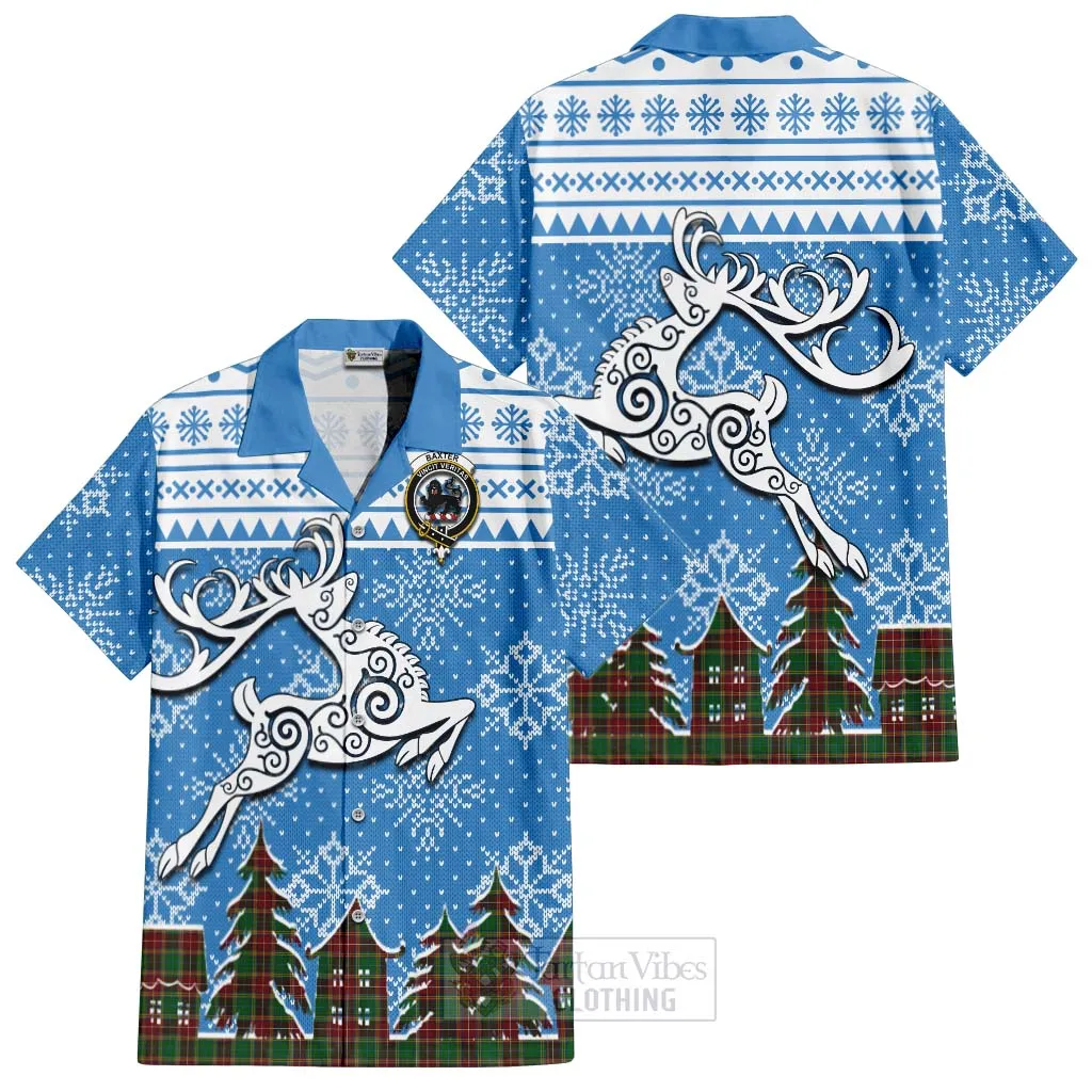 Baxter Clan Christmas Short Sleeve Button Shirt Celtic Reindeer Style