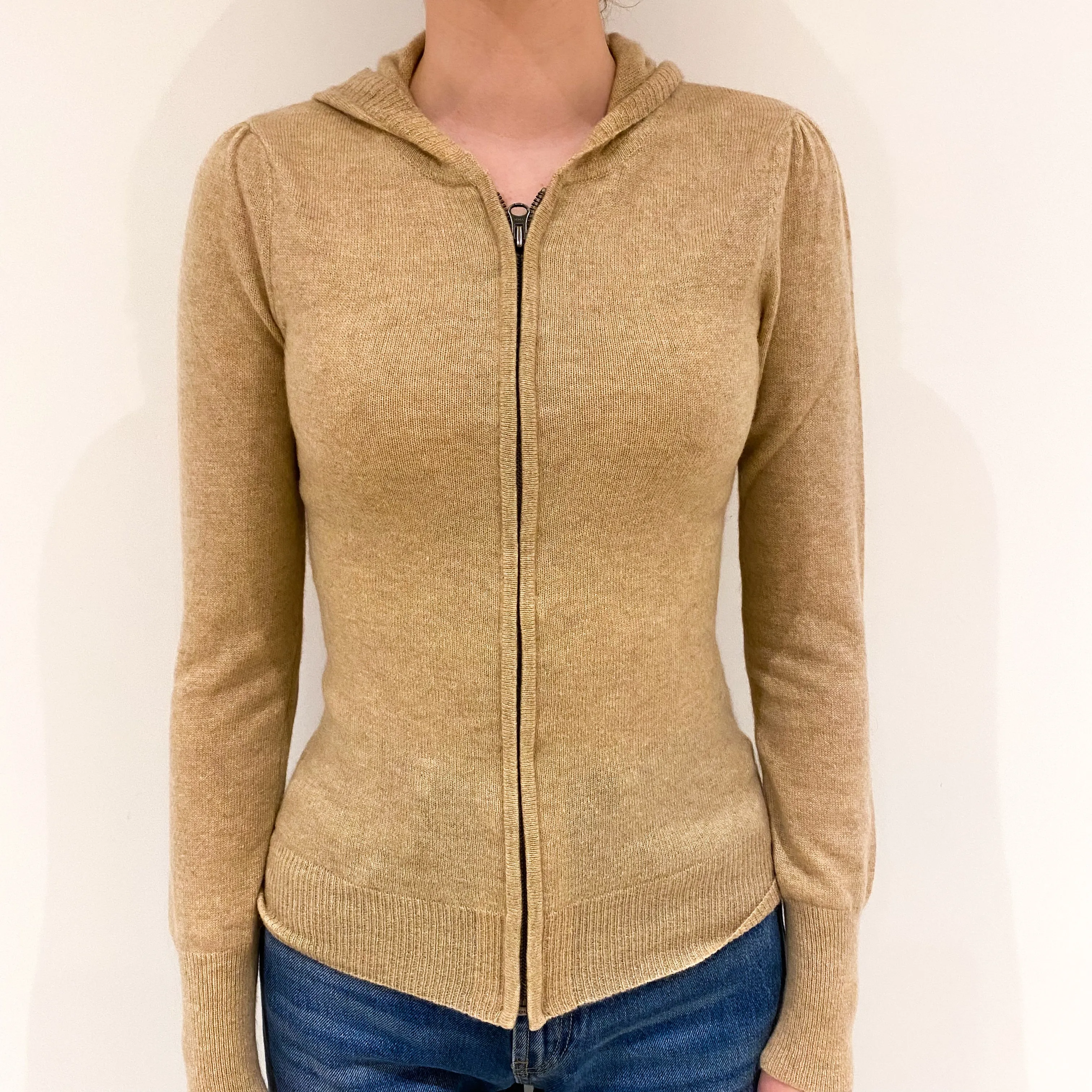 Beige Cashmere Zip Up Hoodie Extra Small