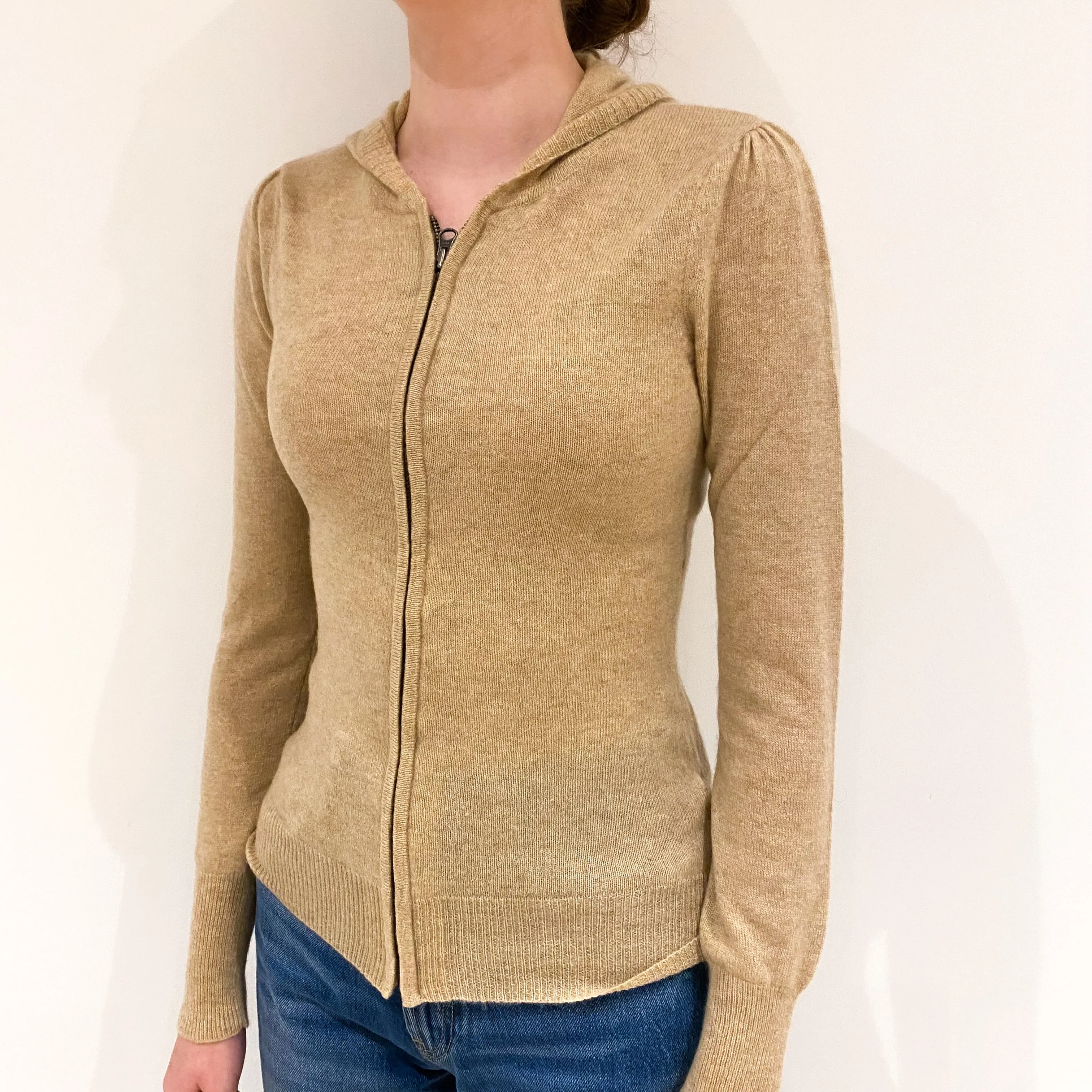 Beige Cashmere Zip Up Hoodie Extra Small