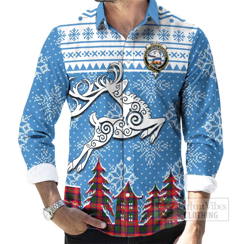 Belshes (Belsches) Clan Christmas Long Sleeve Button Shirt Celtic Reindeer Style