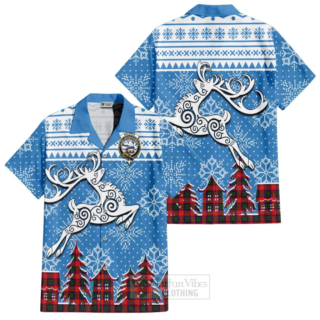 Belshes (Belsches) Clan Christmas Short Sleeve Button Shirt Celtic Reindeer Style