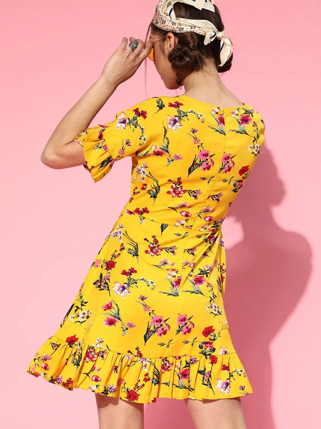 Berrylush Women Yellow Floral Printed V-Neck Flounce Fit & Flare Mini Dress