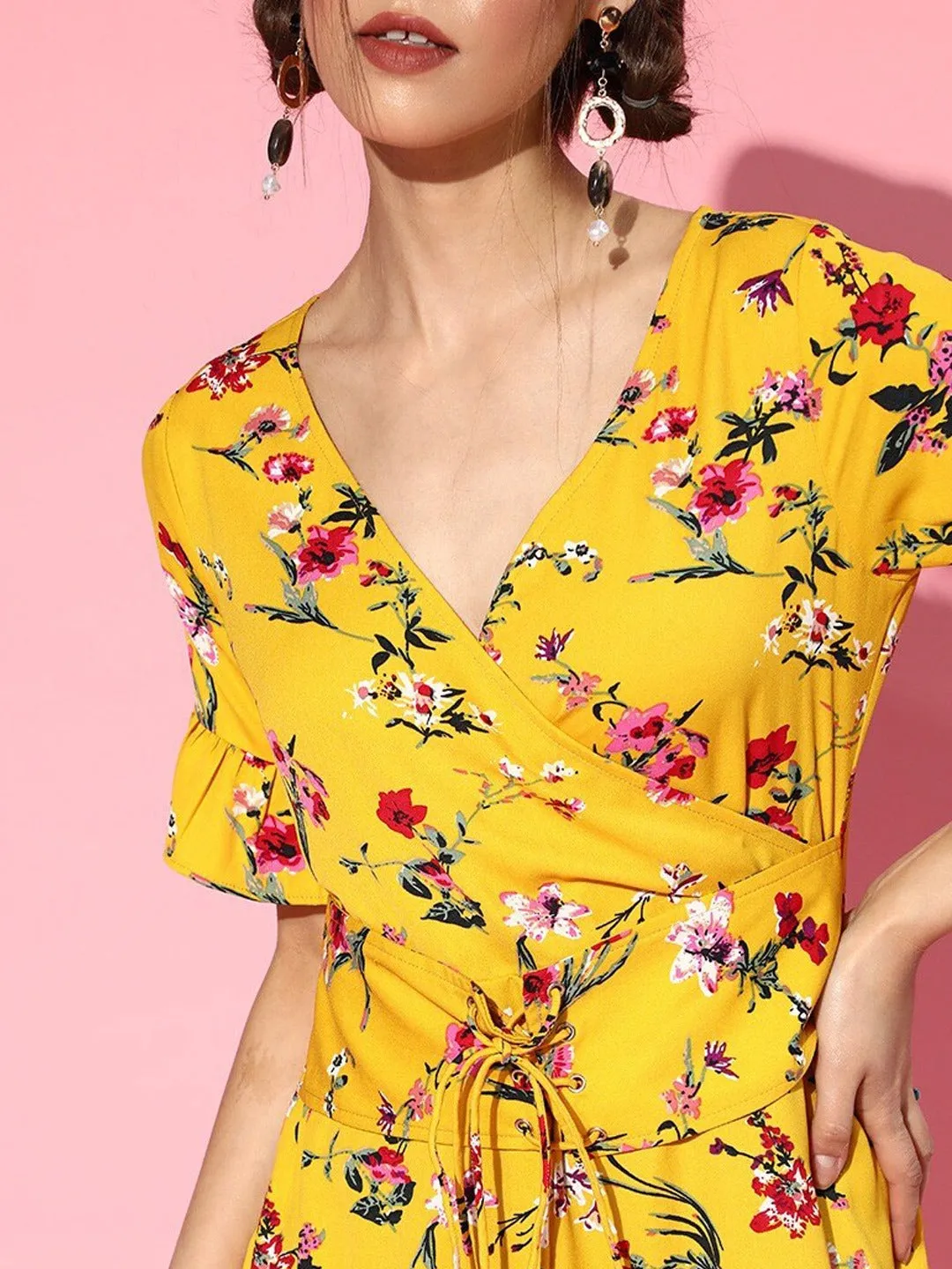 Berrylush Women Yellow Floral Printed V-Neck Flounce Fit & Flare Mini Dress