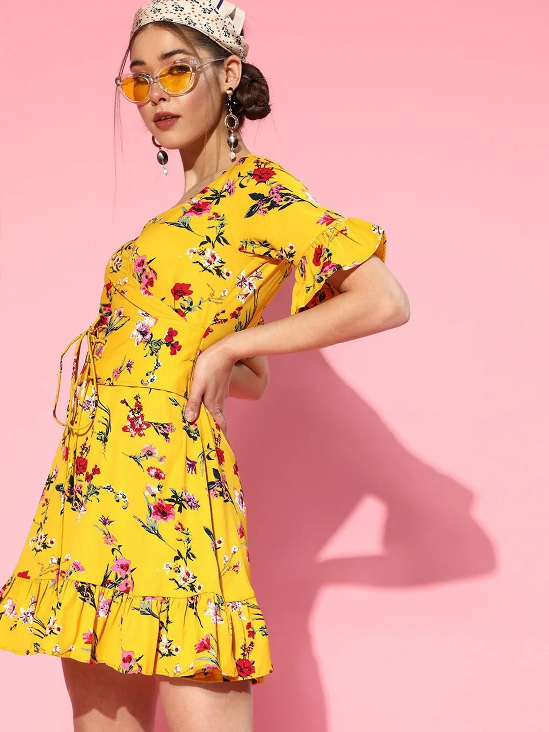 Berrylush Women Yellow Floral Printed V-Neck Flounce Fit & Flare Mini Dress