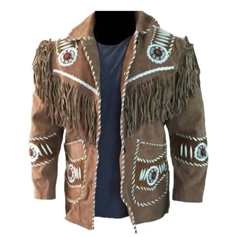 Best Style Western Cowboy Leather Coat With Fringe Bones And Beads Brown