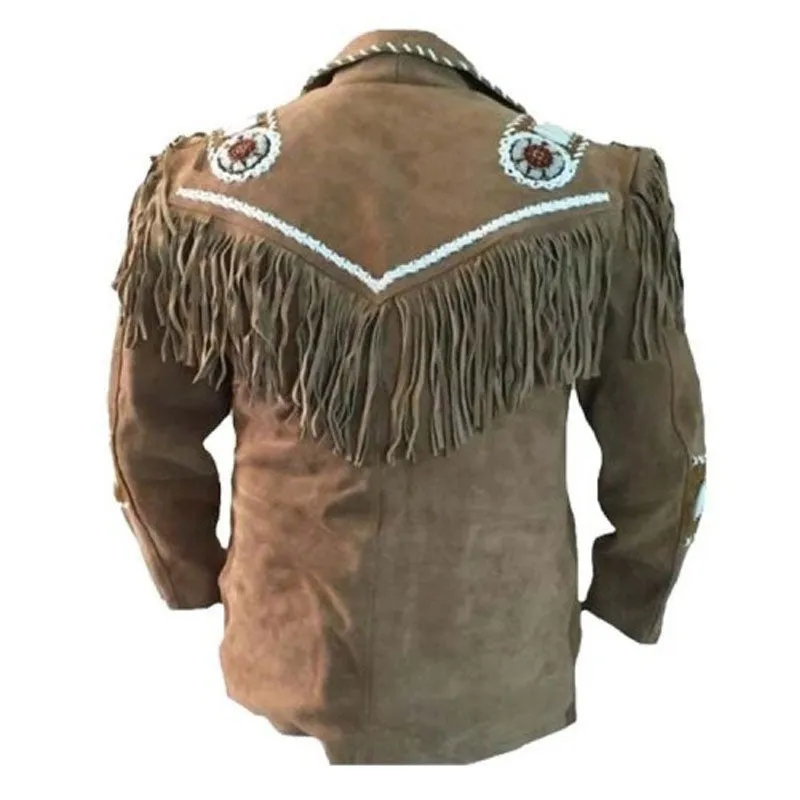 Best Style Western Cowboy Leather Coat With Fringe Bones And Beads Brown