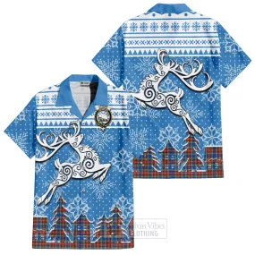 Bethune Clan Christmas Short Sleeve Button Shirt Celtic Reindeer Style