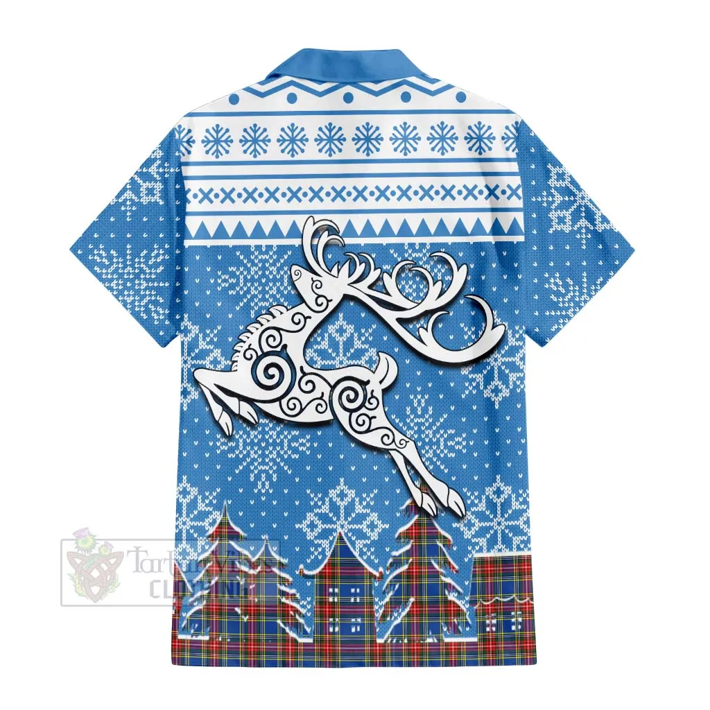 Bethune Clan Christmas Short Sleeve Button Shirt Celtic Reindeer Style