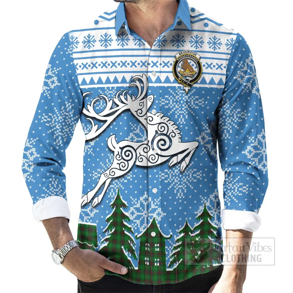 Beveridge Clan Christmas Long Sleeve Button Shirt Celtic Reindeer Style