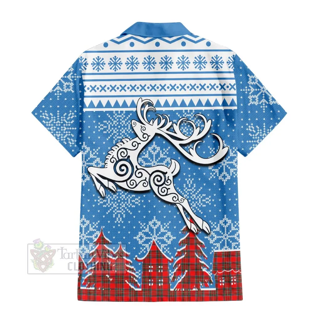 Binning Clan Christmas Short Sleeve Button Shirt Celtic Reindeer Style