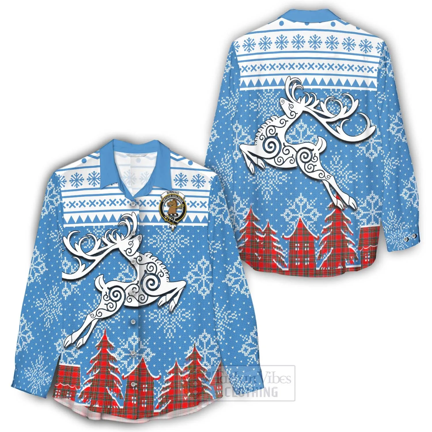 Binning Clan Christmas Women's Casual Shirt Celtic Reindeer Style