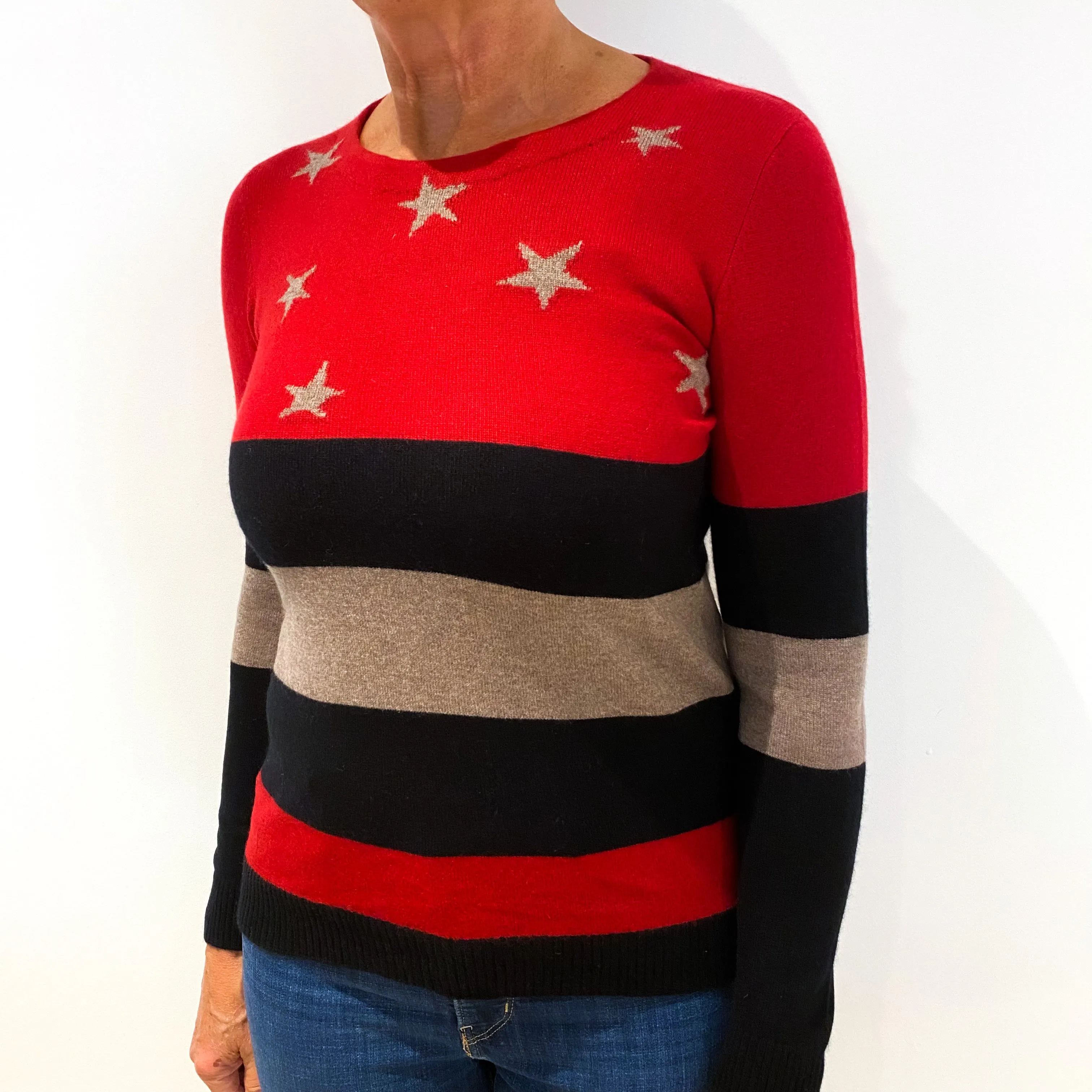 Black, Beige and Red Striped Cashmere Crew Neck Jumper Medium