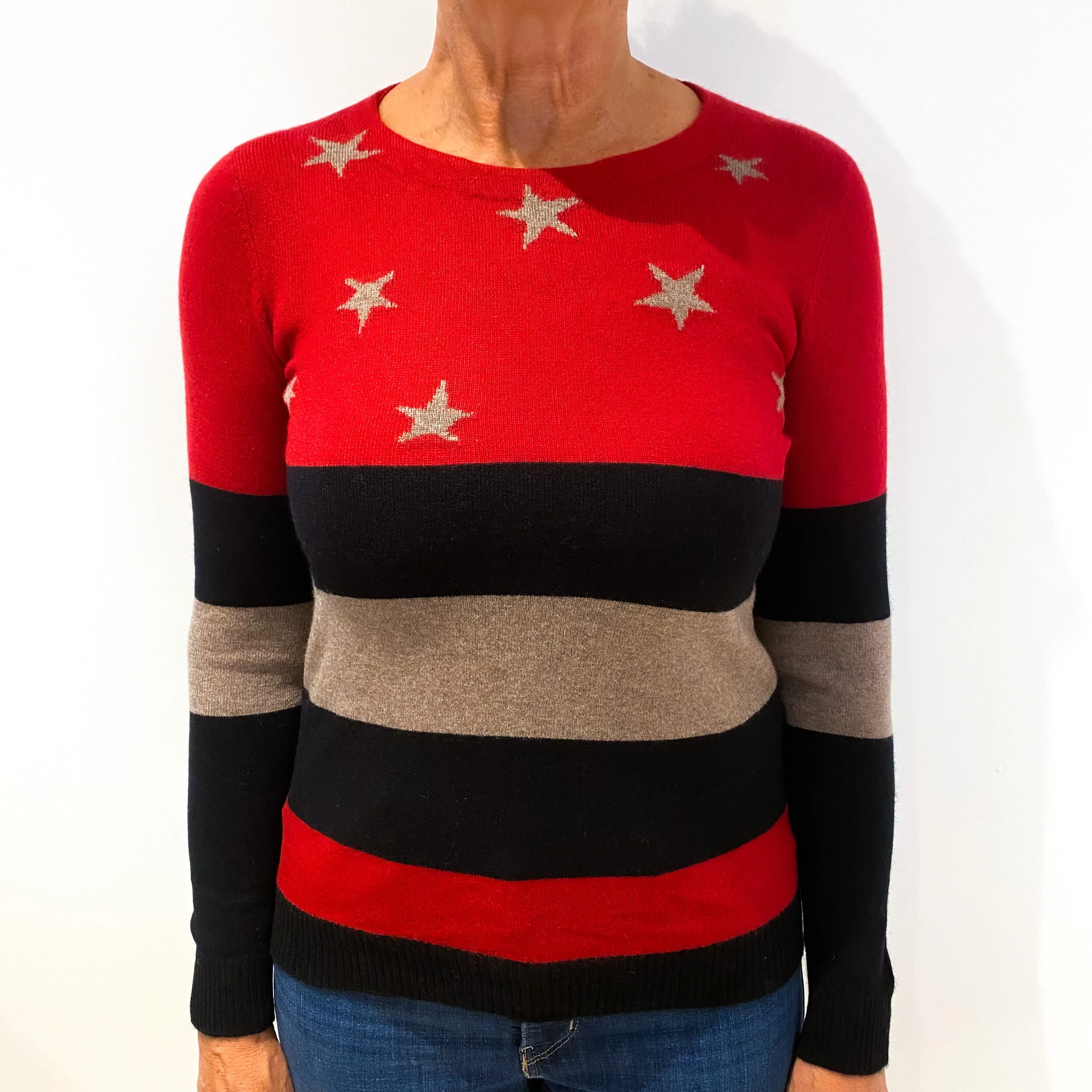 Black, Beige and Red Striped Cashmere Crew Neck Jumper Medium