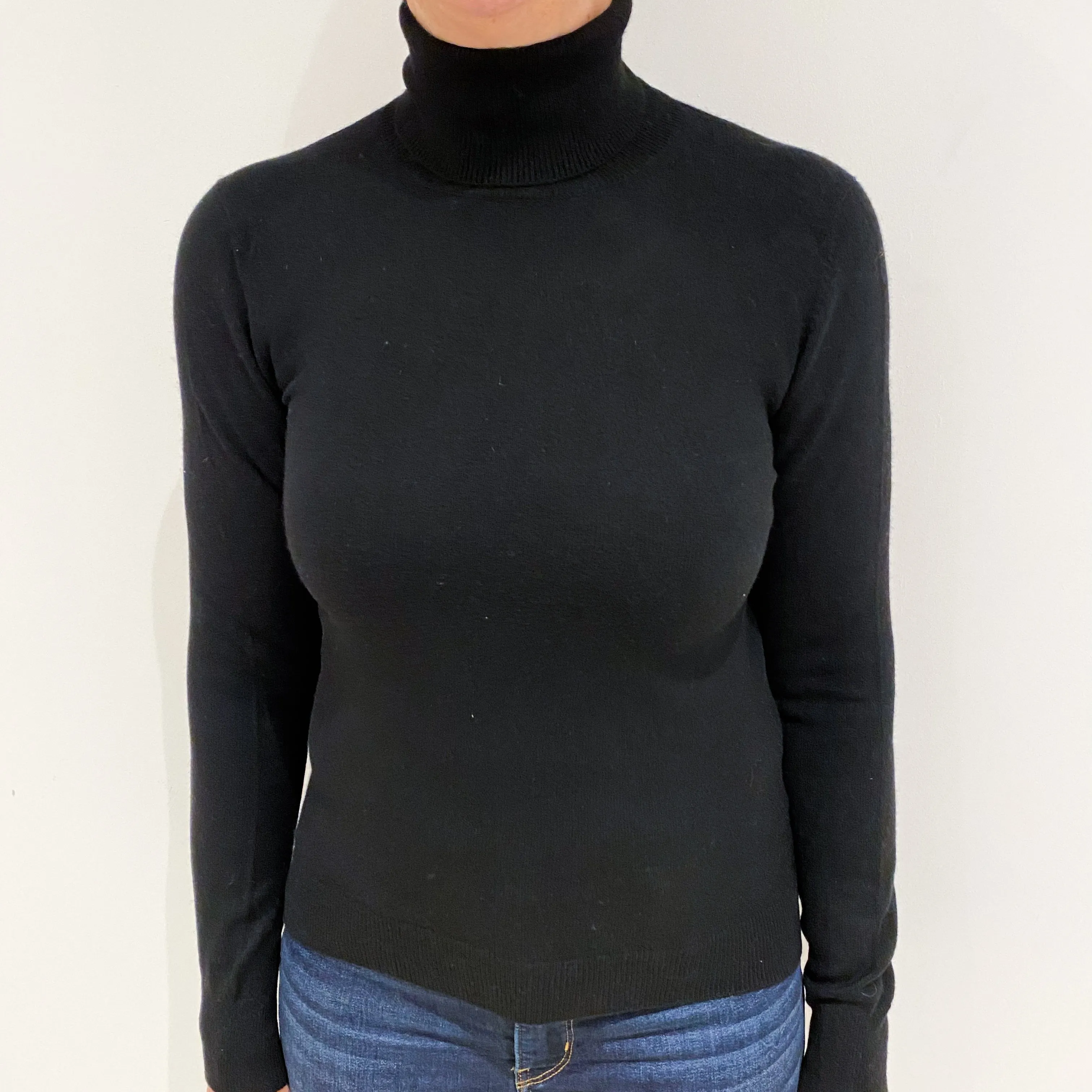 Black Cashmere Polo Neck Jumper Medium Slim