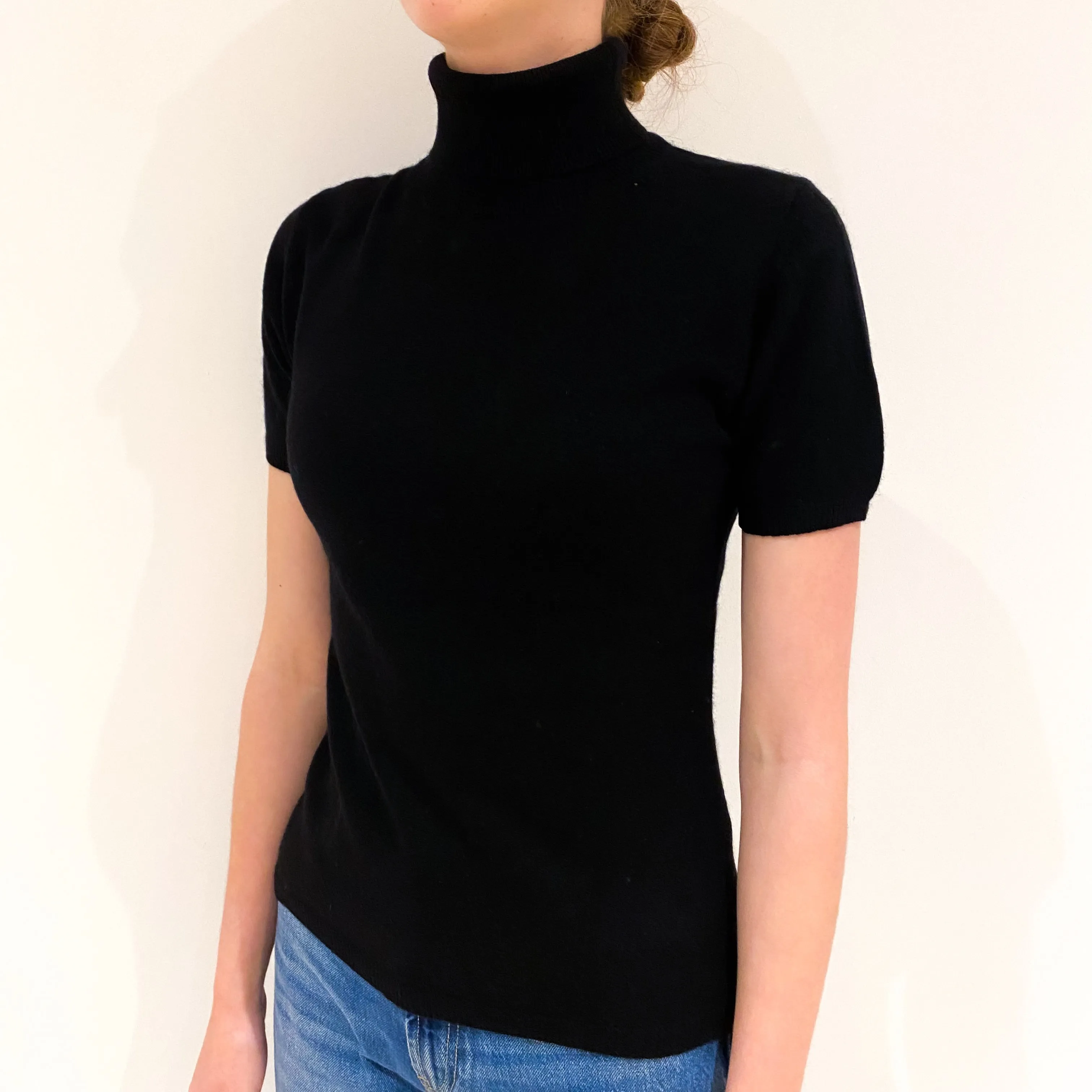 Black Cashmere Short Sleeve Polo Neck Jumper Extra Small