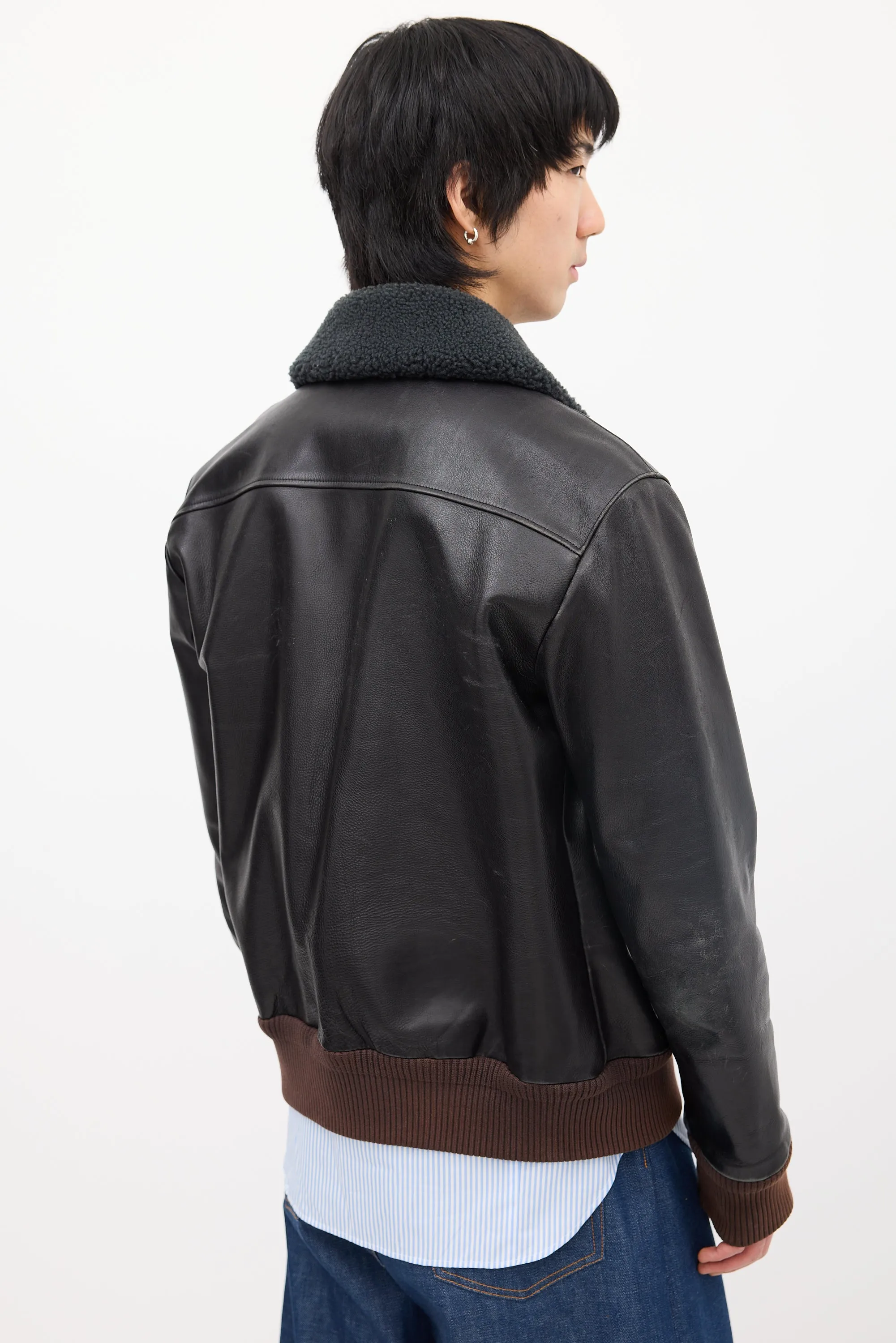 Black Leather & Sherpa Collar Jacket