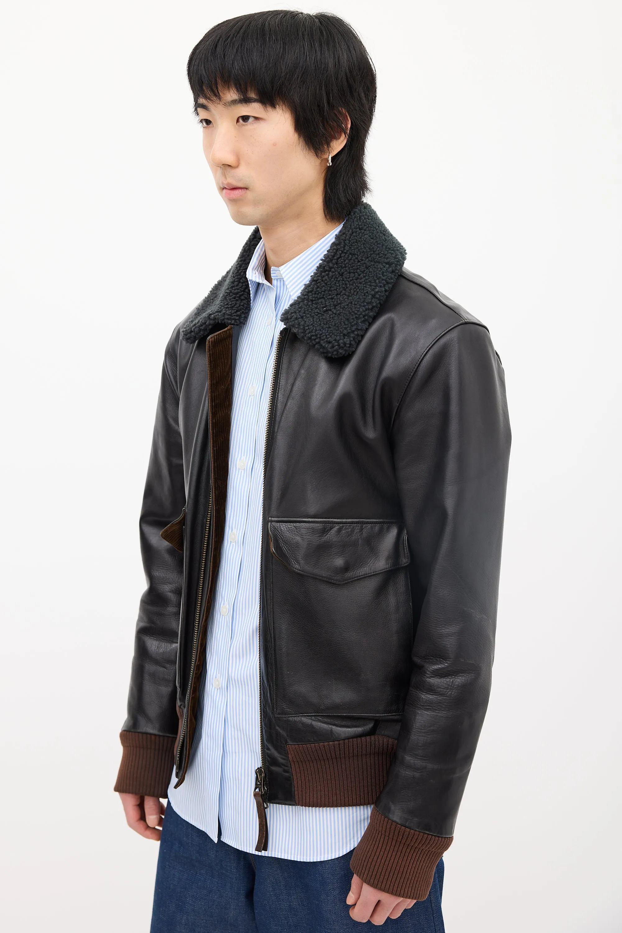 Black Leather & Sherpa Collar Jacket