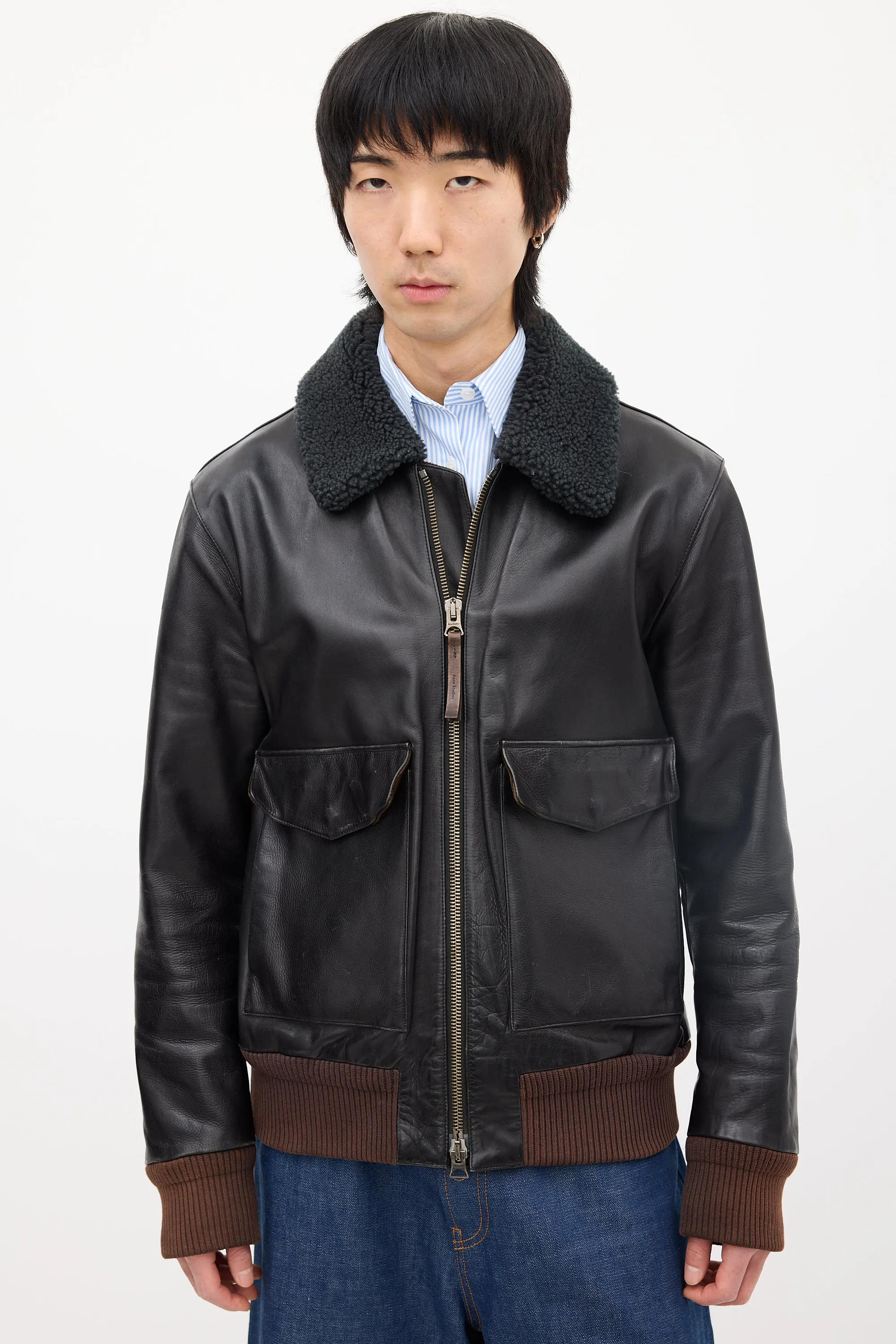 Black Leather & Sherpa Collar Jacket