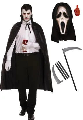 Black Long Dracula Cape with Collar Scream Bleeding Mask Plastic Reaper Scythe 110 Cm Halloween Scary Dracula Costume