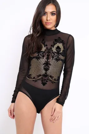 Black Mesh Velvet Applique Gold Stud Bodysuit - Jordanna