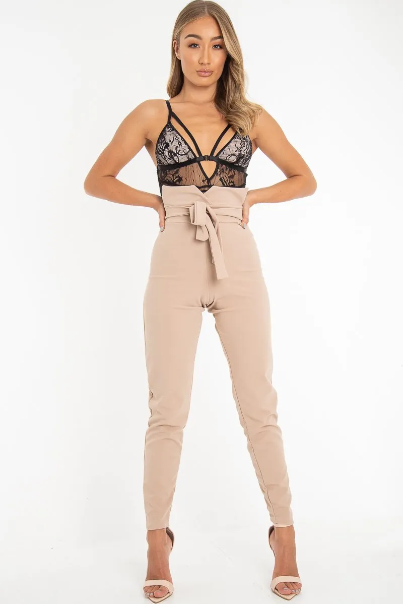 Black Nude Lace Harness Plunge Bodysuit - Masey