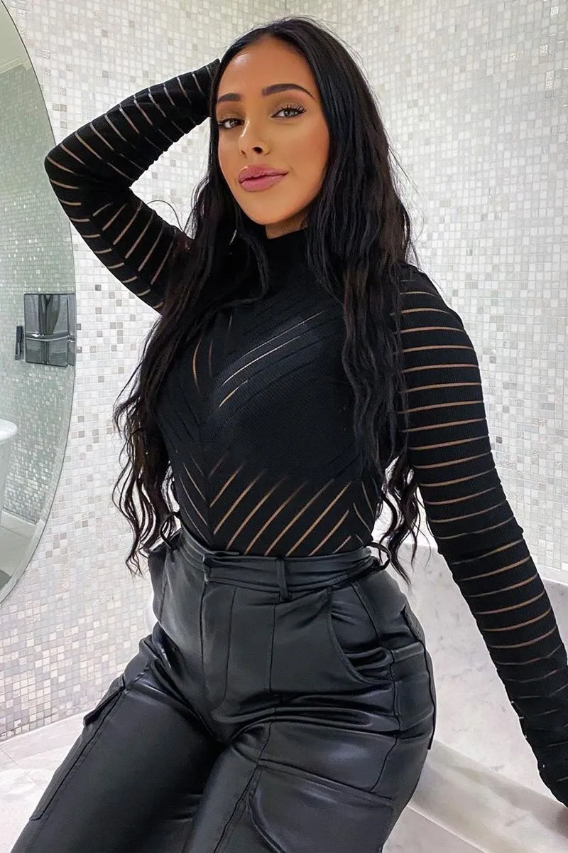 Black Ribbed Mesh Panel Long Sleeve Bodysuit - Amira