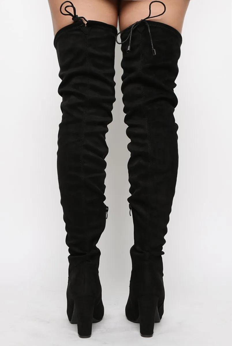 Black Suede Drawstring Thigh High Boots - Frankie